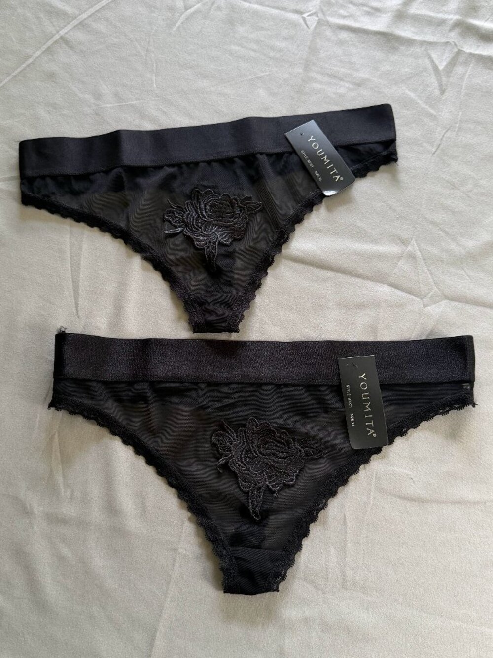 2 Pairs Youmita Woman’s Sheer Embroidered Floral Thong Size X-Large Black New